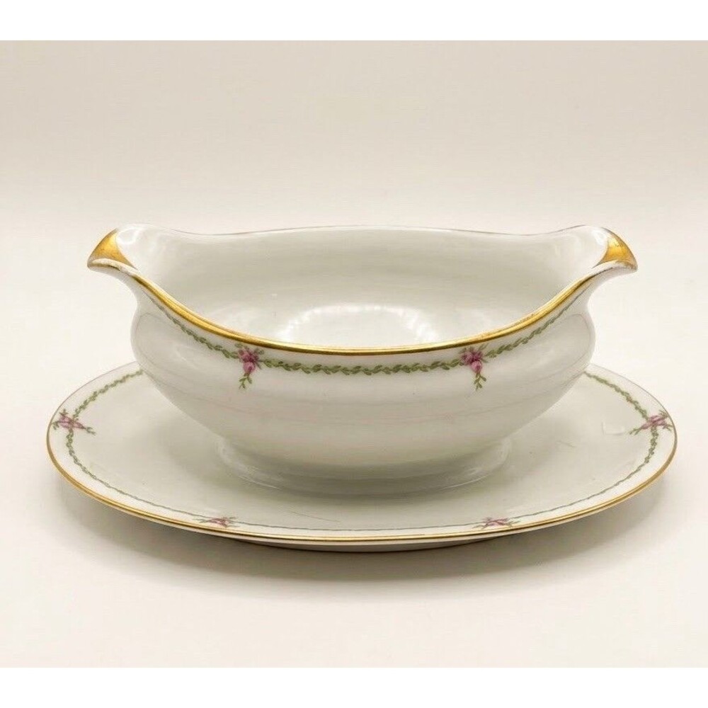 Antique Haviland Limoges GDA French Porcelain Spout Gravy Boat & Undertray Gold